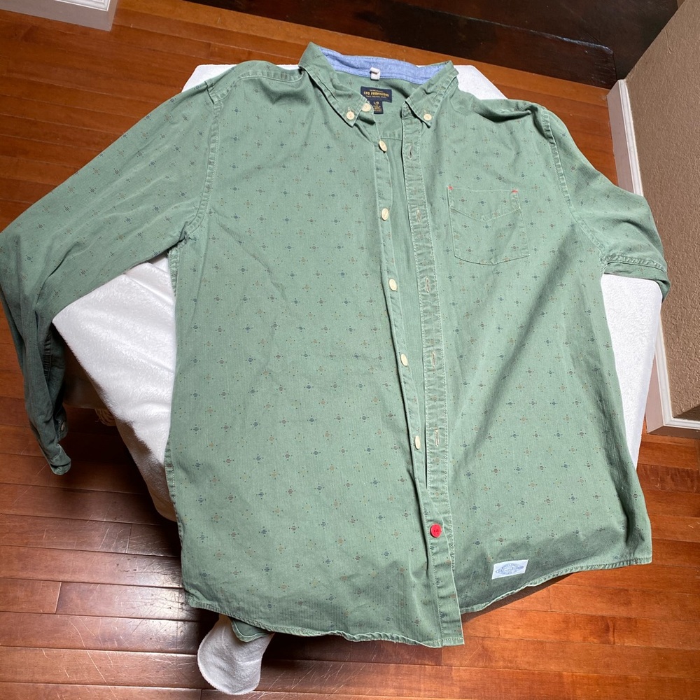 Green button down with unique pattern